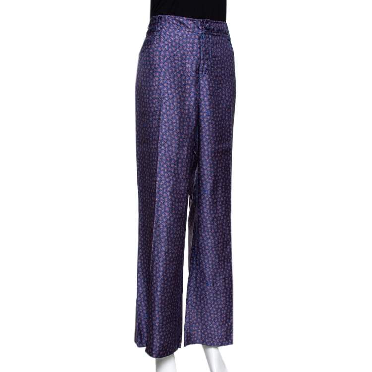 Pre Owned Roberto Cavalli Blue Floral Print Silk Wide Leg Pants L