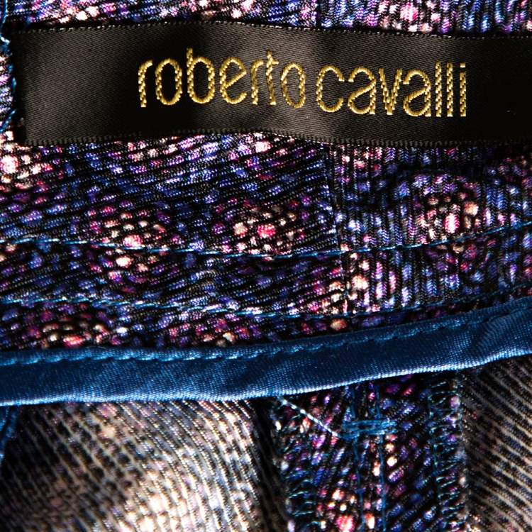 Pre Owned Roberto Cavalli Blue Floral Print Silk Wide Leg Pants L