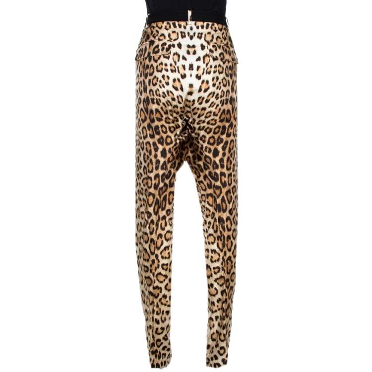 مملوكة مسبقًا Roberto Cavalli Beige Leopard Print Silk Gathered Waist Pants L