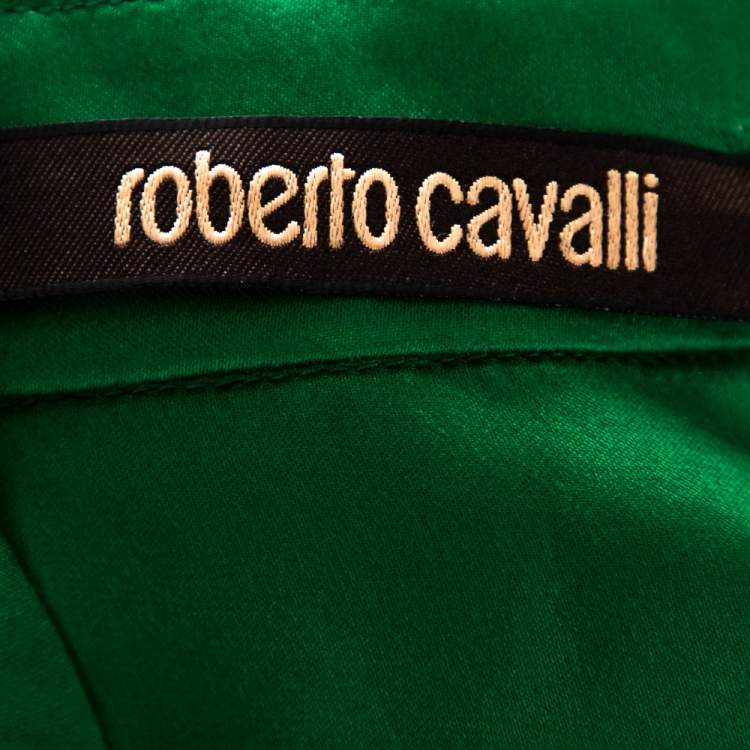 Pre Owned Roberto Cavalli Green Silk Neck Tie Detail Long Sleeve Blouse M