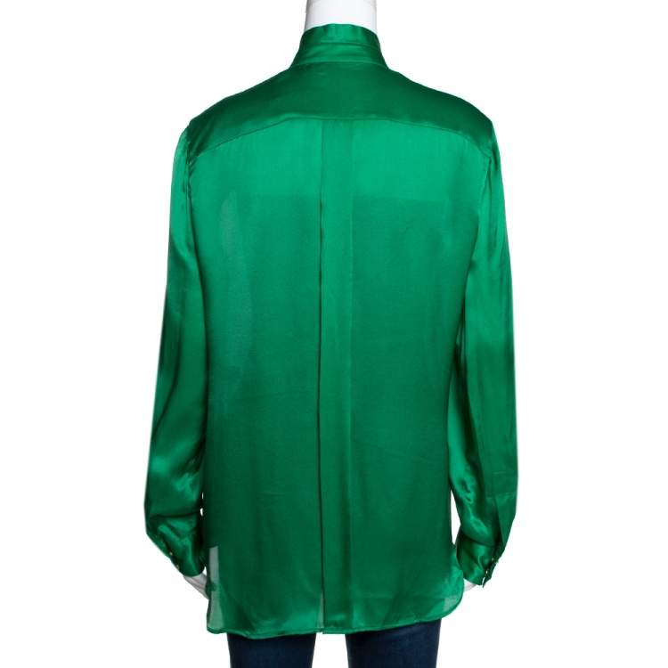 Pre Owned Roberto Cavalli Green Silk Neck Tie Detail Long Sleeve Blouse M