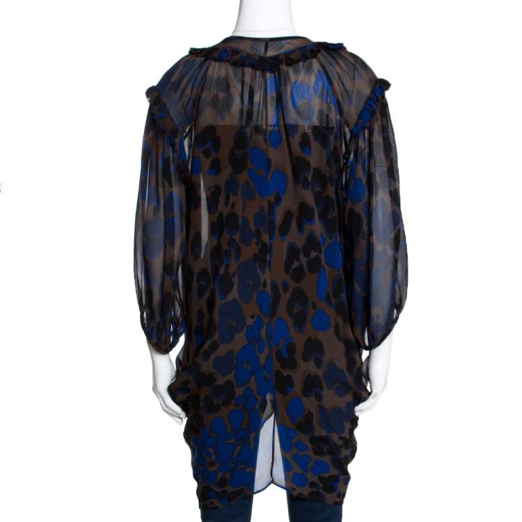 Pre Owned Roberto Cavalli Bicolor Leopard Printed Crepe Raw Edge Ruffled Trim Blouse L