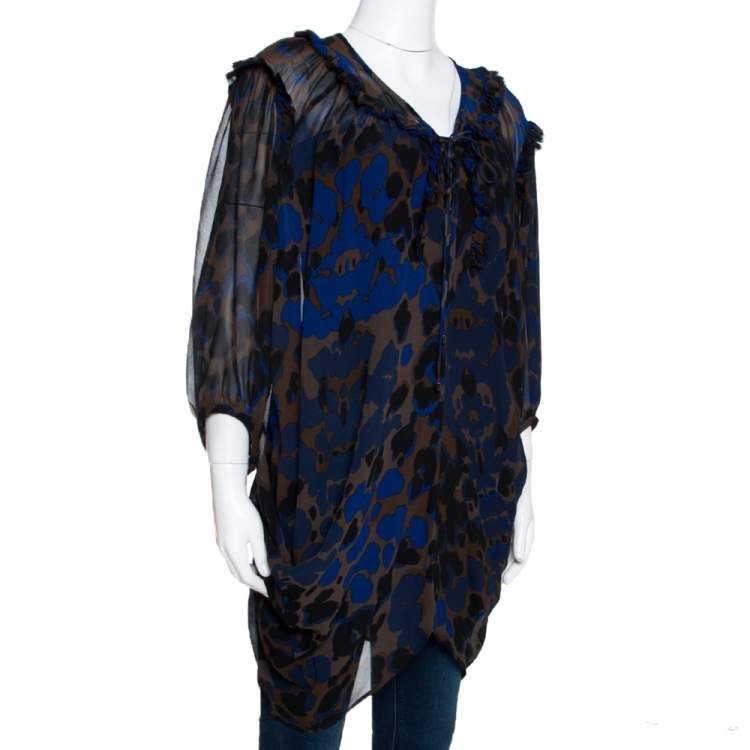 Pre Owned Roberto Cavalli Bicolor Leopard Printed Crepe Raw Edge Ruffled Trim Blouse L