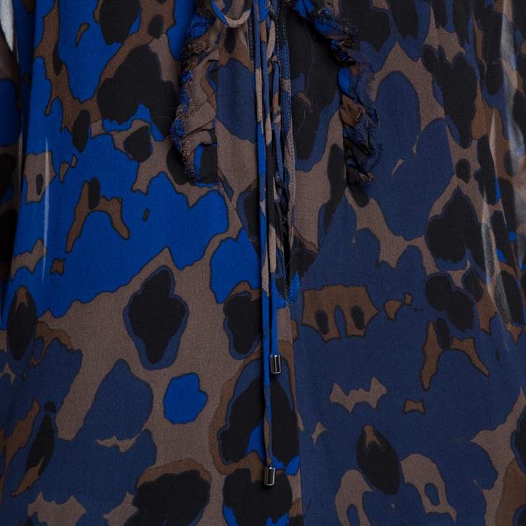 Pre Owned Roberto Cavalli Bicolor Leopard Printed Crepe Raw Edge Ruffled Trim Blouse L