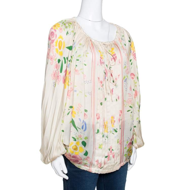 مملوكة مسبقًا Roberto Cavalli Cream Floral Print Silk Sheer Kaftan Top M