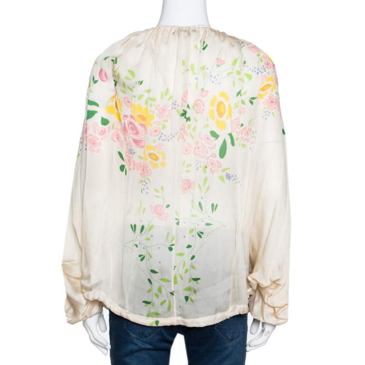 مملوكة مسبقًا Roberto Cavalli Cream Floral Print Silk Sheer Kaftan Top M