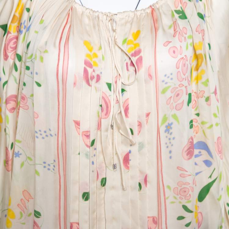 مملوكة مسبقًا Roberto Cavalli Cream Floral Print Silk Sheer Kaftan Top M