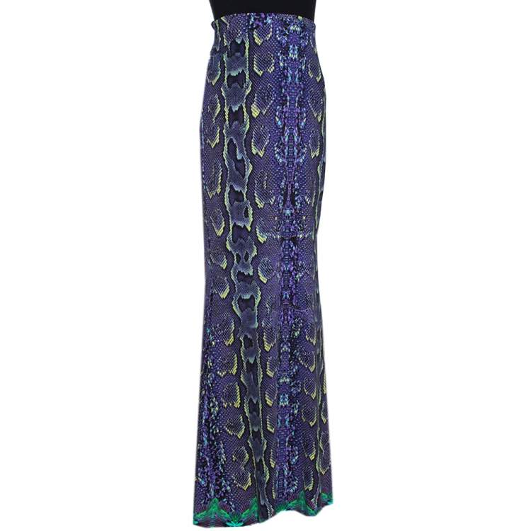 Pre Owned Roberto Cavalli Purple Snakeskin Printed Stretch Jersey Maxi Skirt L 