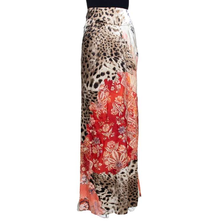 Pre Owned Roberto Cavalli Multicolor Printed Silk Pleated Pocket Detail Maxi Skirt L