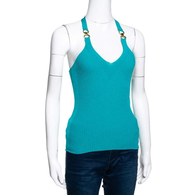 مملوكة مسبقًا Roberto Cavalli Teal Rib Knit Racerback Top M 