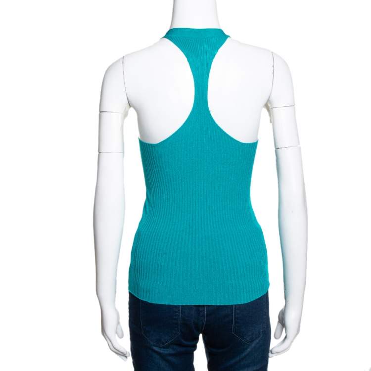 مملوكة مسبقًا Roberto Cavalli Teal Rib Knit Racerback Top M 