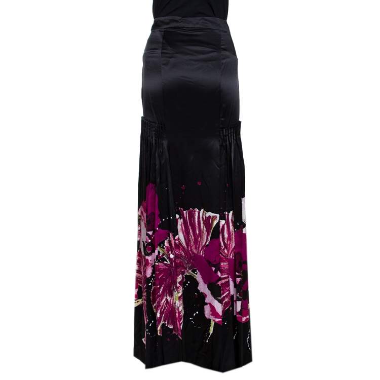 Pre Owned Roberto Cavalli Black & Fuschia Floral Printed Silk Pleated Detail Maxi Skirt L