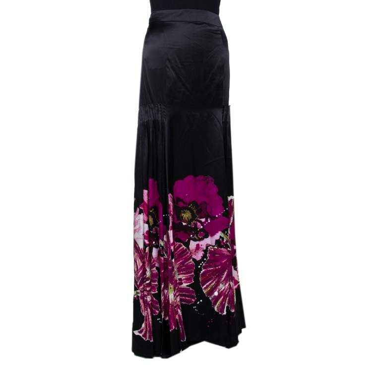 Pre Owned Roberto Cavalli Black & Fuschia Floral Printed Silk Pleated Detail Maxi Skirt L