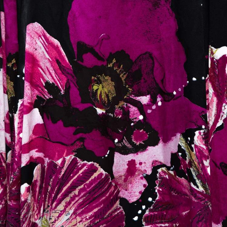 Pre Owned Roberto Cavalli Black & Fuschia Floral Printed Silk Pleated Detail Maxi Skirt L