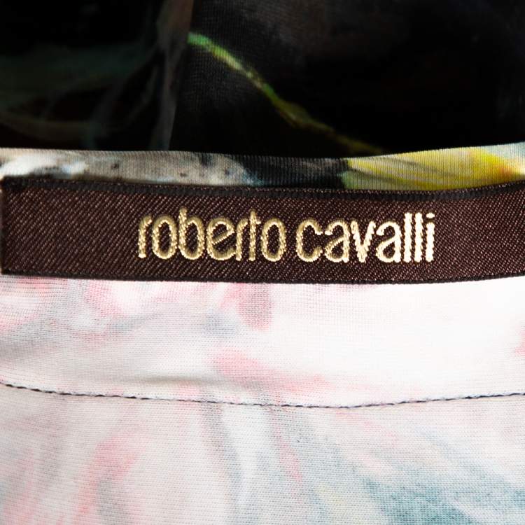 Pre Owned Roberto Cavalli Black Floral Printed Jersey & Leather Trim Detail Maxi Skirt L 