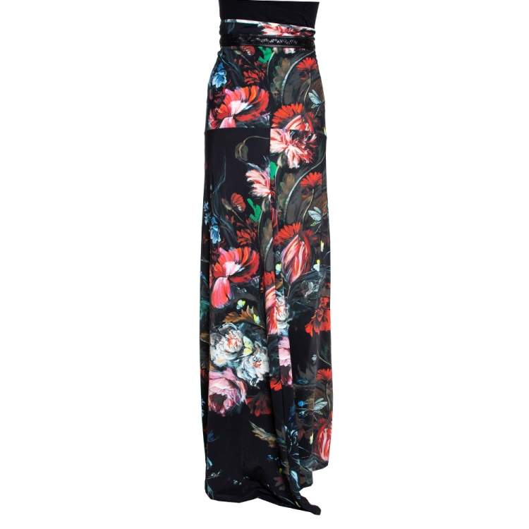 Pre Owned Roberto Cavalli Black Floral Printed Jersey & Leather Trim Detail Maxi Skirt L 