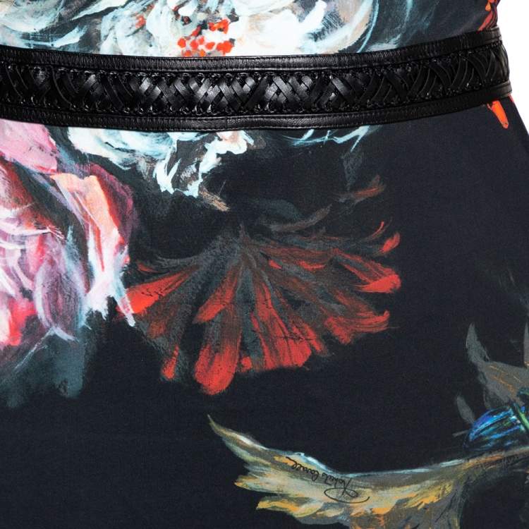 Pre Owned Roberto Cavalli Black Floral Printed Jersey & Leather Trim Detail Maxi Skirt L 