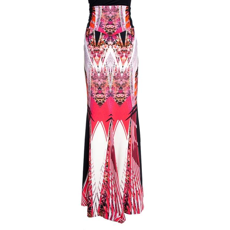 Pre Owned Roberto Cavalli Pink Abstract Printed Jersey Flared Maxi Skirt L 