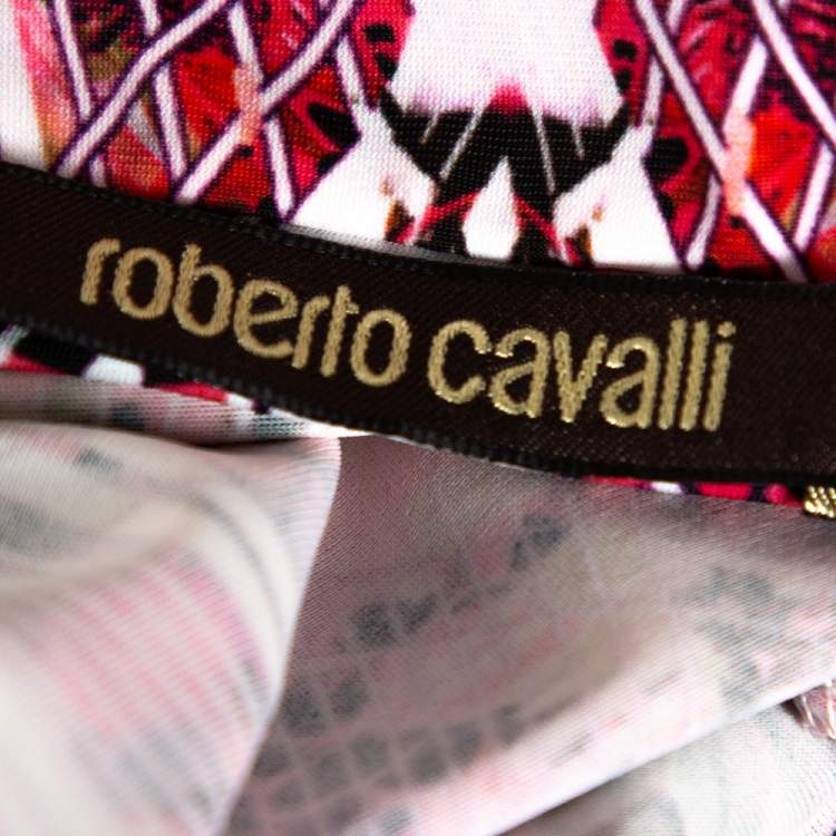 Pre Owned Roberto Cavalli Pink Abstract Printed Jersey Flared Maxi Skirt L 