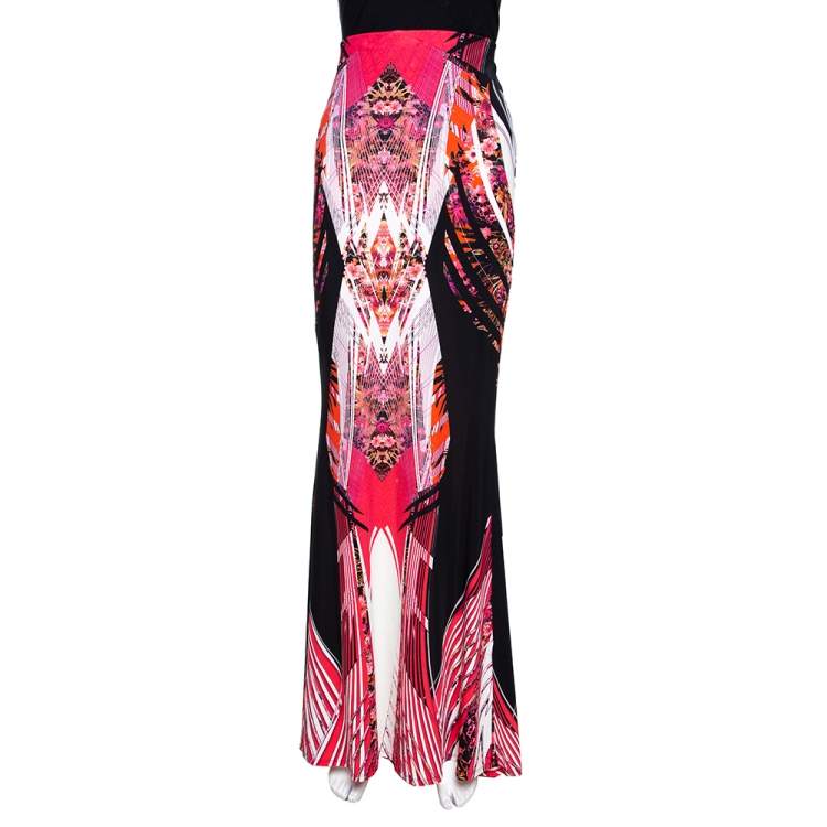 Pre Owned Roberto Cavalli Pink Abstract Printed Jersey Flared Maxi Skirt L 