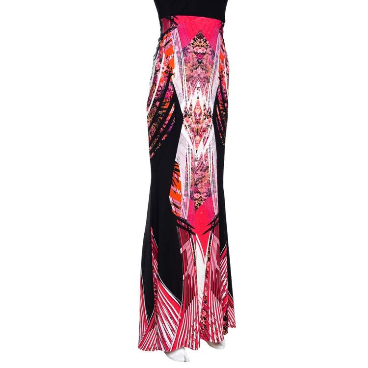 Pre Owned Roberto Cavalli Pink Abstract Printed Jersey Flared Maxi Skirt L 