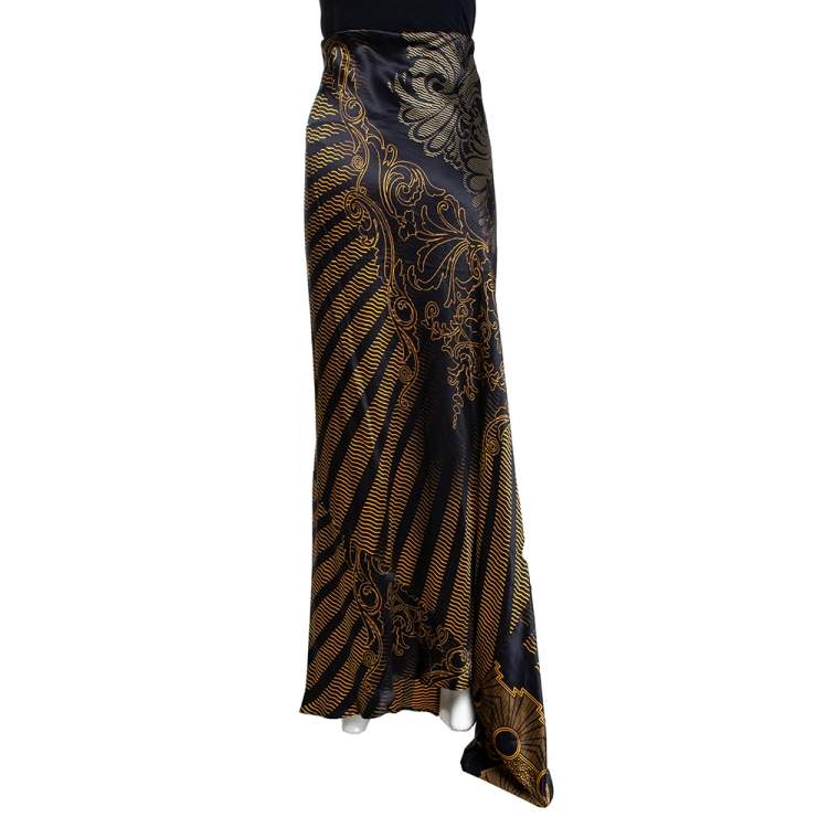 Pre Owned Roberto Cavalli Black & Gold Abstract Printed Silk Flared Maxi Skirt L 
