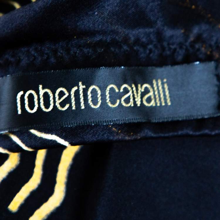 Pre Owned Roberto Cavalli Black & Gold Abstract Printed Silk Flared Maxi Skirt L 