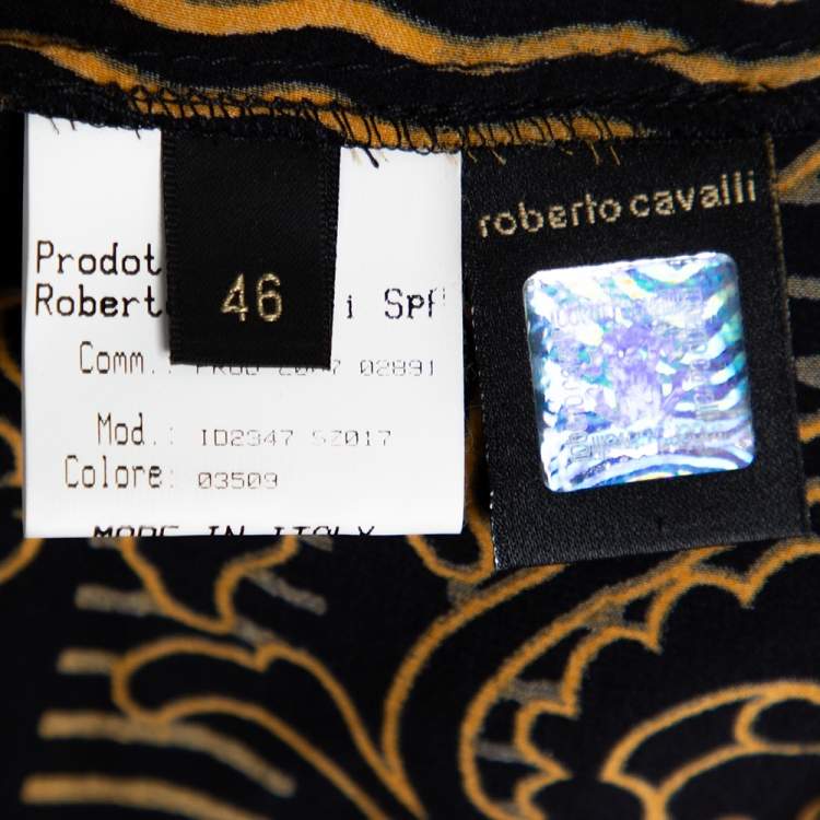 Pre Owned Roberto Cavalli Black & Gold Abstract Printed Silk Flared Maxi Skirt L 