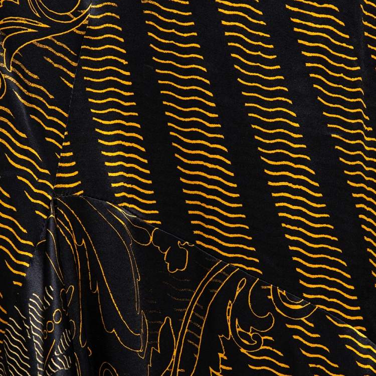 Pre Owned Roberto Cavalli Black & Gold Abstract Printed Silk Flared Maxi Skirt L 