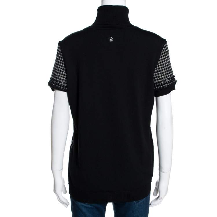 Pre Owned Roberto Cavalli Monochrome Printed Silk & Knit Short Sleeve Turtleneck Top L 
