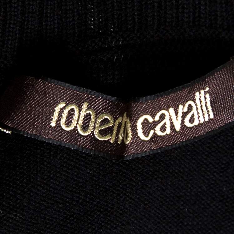 Pre Owned Roberto Cavalli Monochrome Printed Silk & Knit Short Sleeve Turtleneck Top L 