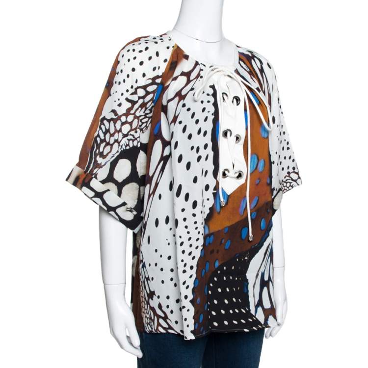 Pre Owned Roberto Cavalli Multicolor Abstract Animal Printed Silk Crepe Short Sleeve Top L 