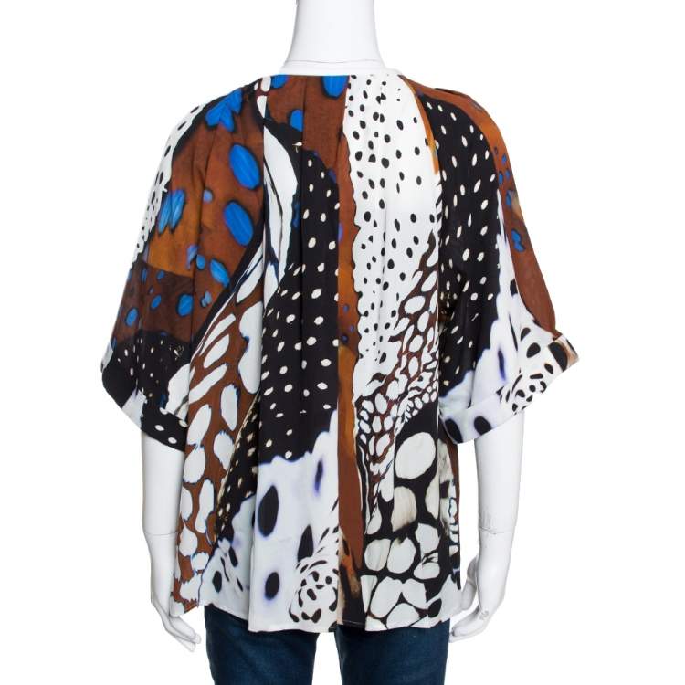 Pre Owned Roberto Cavalli Multicolor Abstract Animal Printed Silk Crepe Short Sleeve Top L 