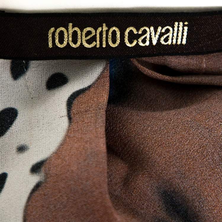 Pre Owned Roberto Cavalli Multicolor Abstract Animal Printed Silk Crepe Short Sleeve Top L 
