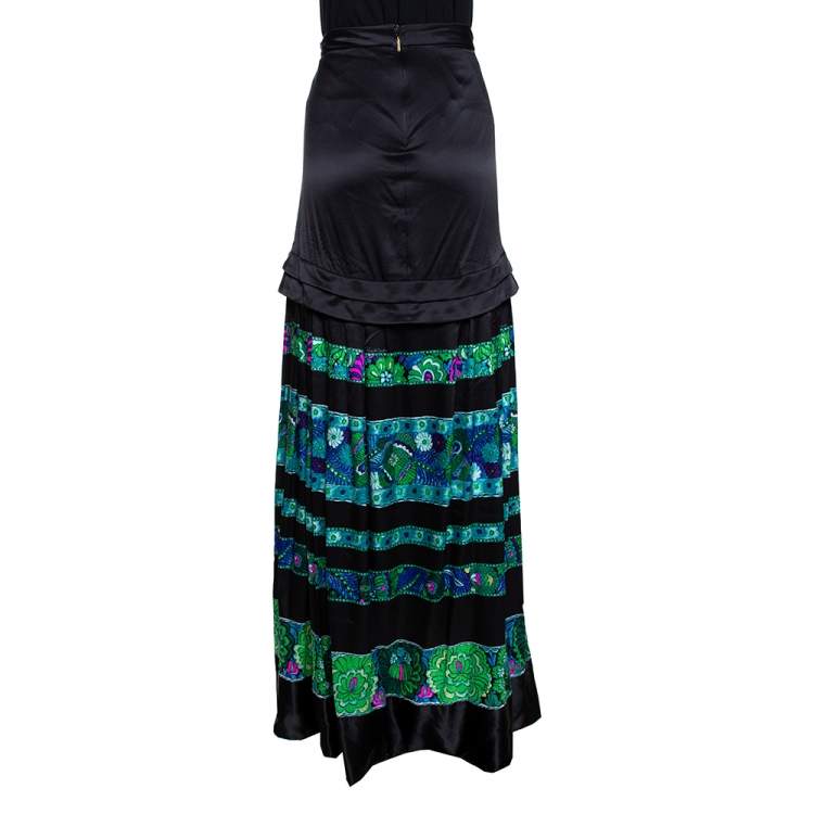 Pre Owned Roberto Cavalli Black & Green Striped Floral Printed Silk Flared Maxi Skirt L 