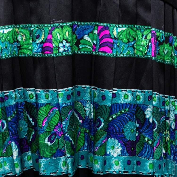 Pre Owned Roberto Cavalli Black & Green Striped Floral Printed Silk Flared Maxi Skirt L 