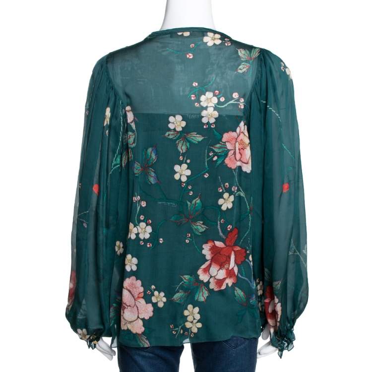 Pre Owned Roberto Cavalli Dark Green Floral Printed Chiffon Pleated Detail Blouse M
