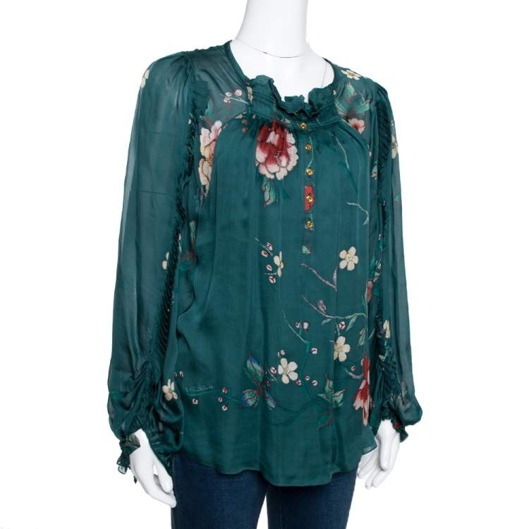 Pre Owned Roberto Cavalli Dark Green Floral Printed Chiffon Pleated Detail Blouse M