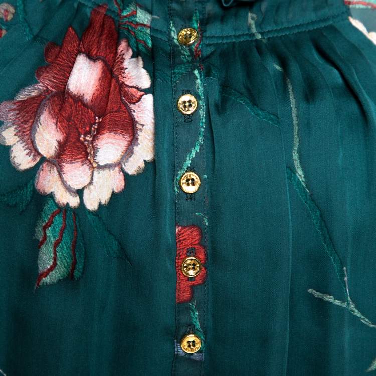 Pre Owned Roberto Cavalli Dark Green Floral Printed Chiffon Pleated Detail Blouse M