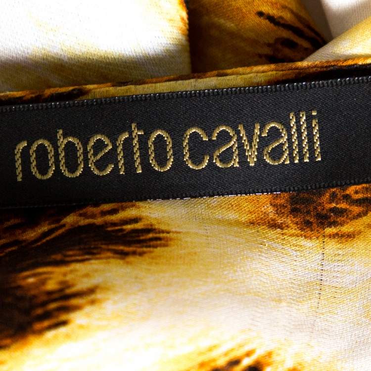 Pre Owned Roberto Cavalli Cream & Brown Animal Print Ruffled Sleeve Blouse L