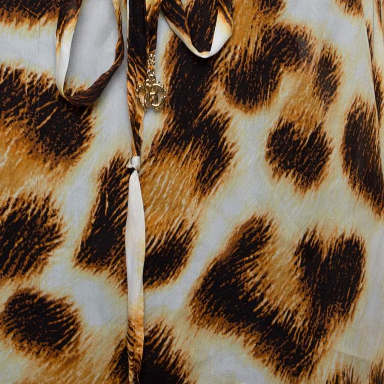 Pre Owned Roberto Cavalli Cream & Brown Animal Print Ruffled Sleeve Blouse L