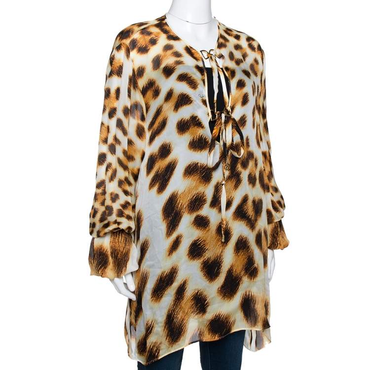 Pre Owned Roberto Cavalli Cream & Brown Animal Print Ruffled Sleeve Blouse L