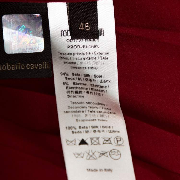 Pre Owned Roberto Cavalli Red Stretch Silk & Chiffon Trim Long Sleeve Blouse L 