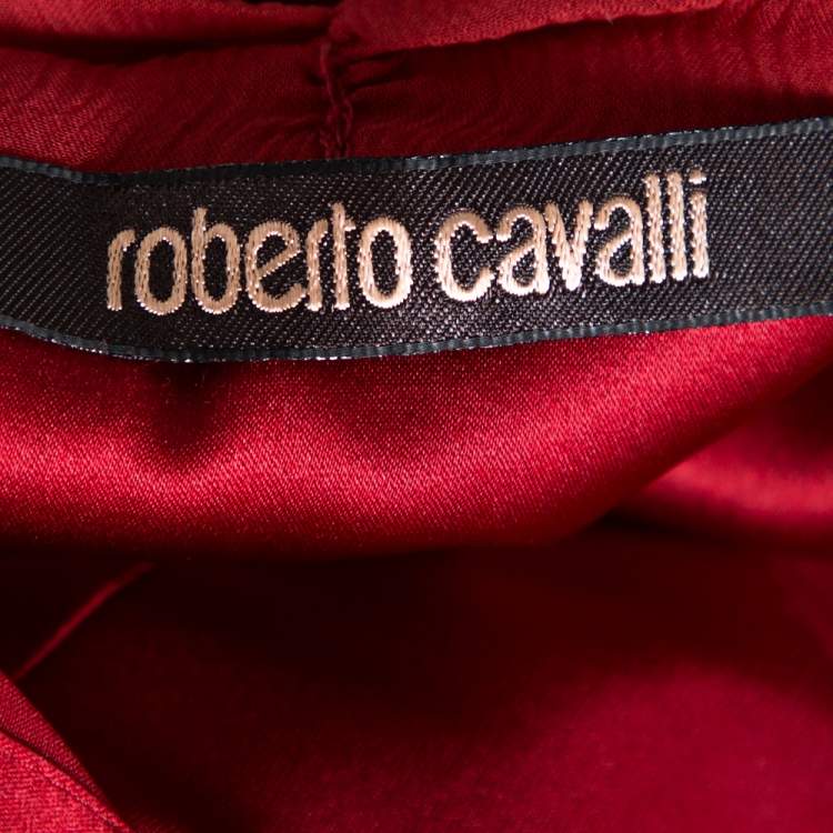 Pre Owned Roberto Cavalli Red Stretch Silk & Chiffon Trim Long Sleeve Blouse L 