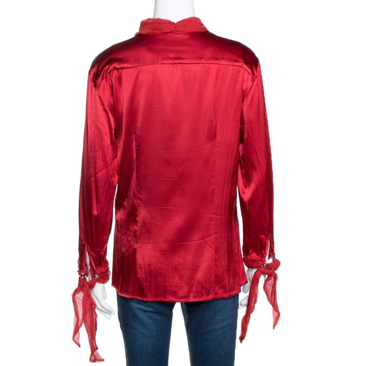 Pre Owned Roberto Cavalli Red Stretch Silk & Chiffon Trim Long Sleeve Blouse L 