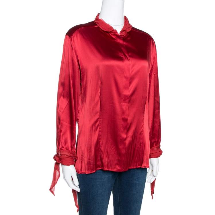 Pre Owned Roberto Cavalli Red Stretch Silk & Chiffon Trim Long Sleeve Blouse L 