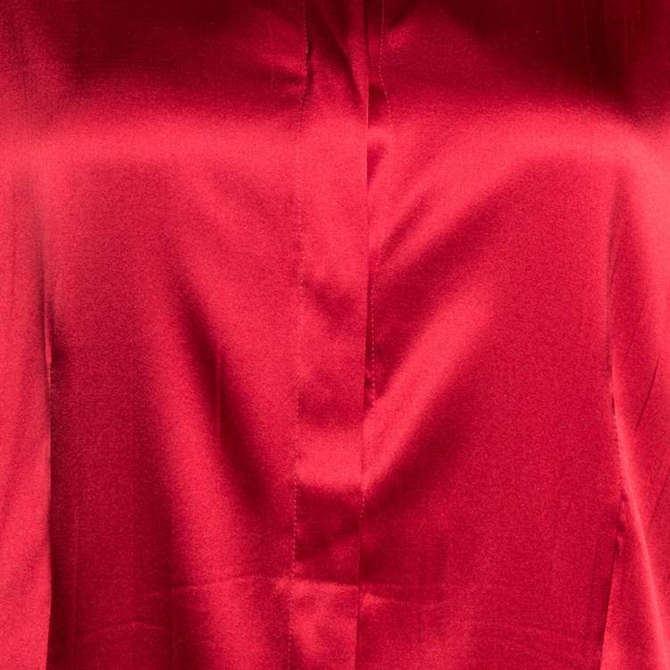 Pre Owned Roberto Cavalli Red Stretch Silk & Chiffon Trim Long Sleeve Blouse L 