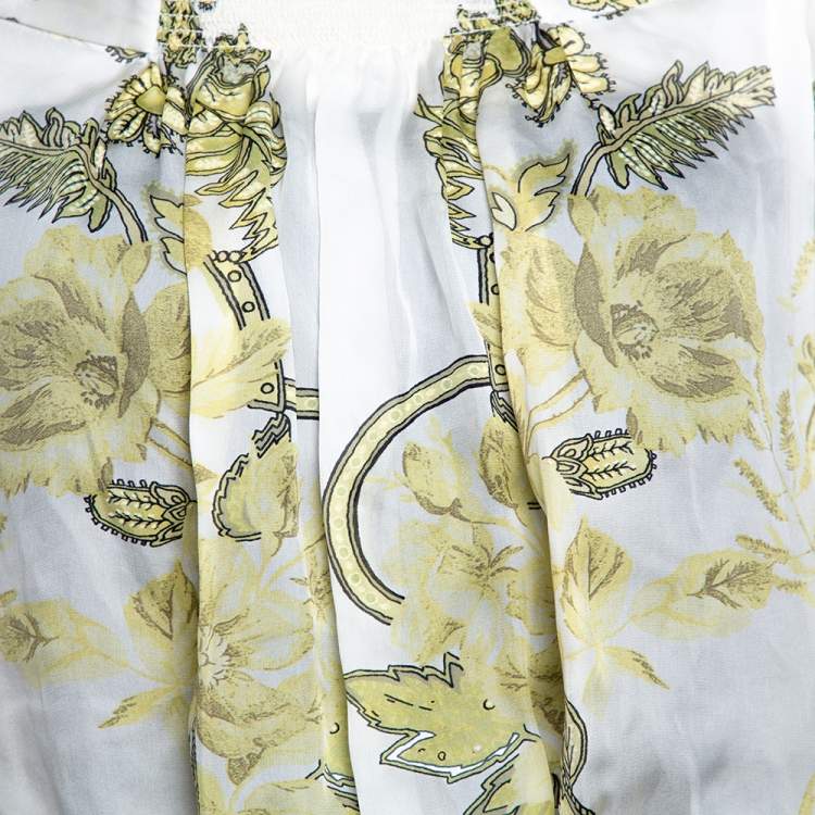 Pre Owned Roberto Cavalli White & Yellow Floral Print Silk Ruffled Dress L