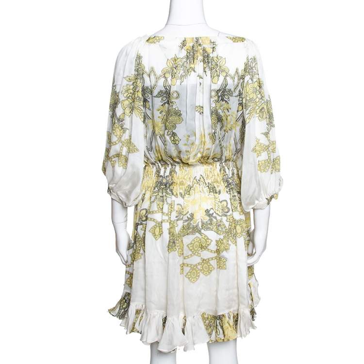 Pre Owned Roberto Cavalli White & Yellow Floral Print Silk Ruffled Dress L