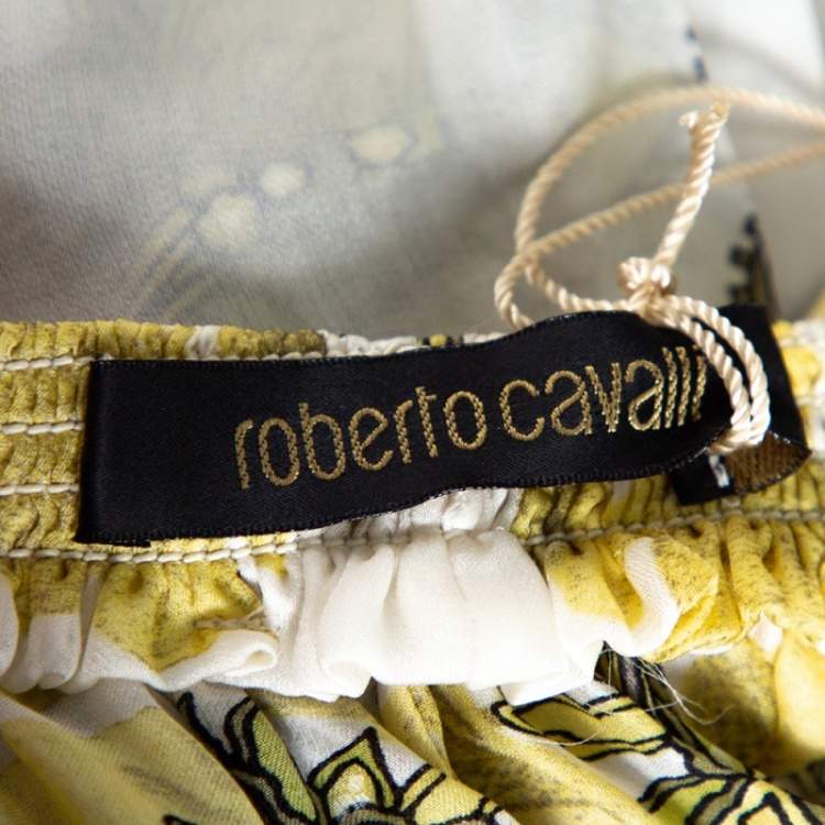 Pre Owned Roberto Cavalli White & Yellow Floral Print Silk Ruffled Dress L